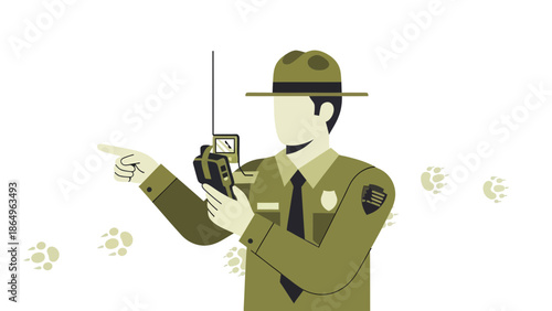 Ranger Monitoring Wildlife Tracks And Communicating With Portable Radio In The Wilderness