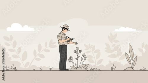 Ranger Studying Flora Ecosystems Sketching Notes About Meadow's Biodiversity