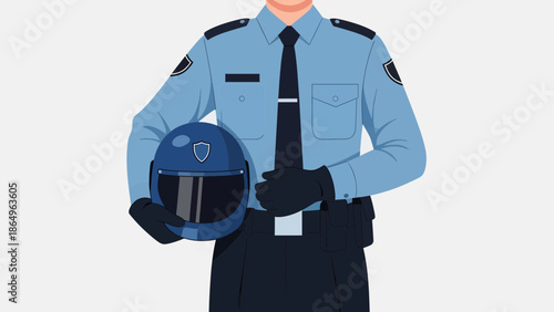 Police Officer In Uniform Holding Protective Helmet For Public Safety Patrol