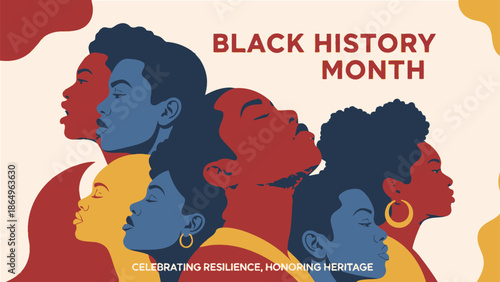Black history month banner with silhouettes of diverse people profiles celebrating resilience and honoring heritage in artistic flat style background featuring vibrant color palette