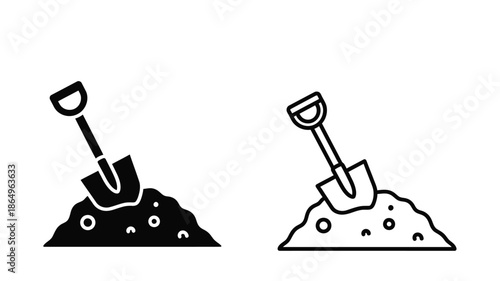 Simple illustration of a gardening shovel and a pile of soil or dirt