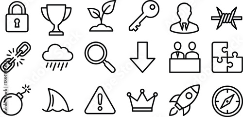 Black and white abstract icons set, vector illustration for business, psychology, motivation, danger, teamwork, growth, and leadership.