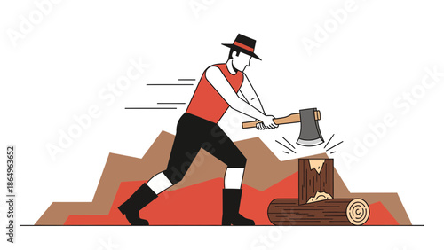 Powerful Lumberjack Chopping Wood With Axe Against Minimalist Landscape Backdrop