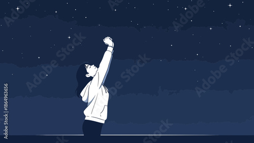 Reaching For Cosmic Hopeful Aspiration Under Starry Night Sky In Tranquility
