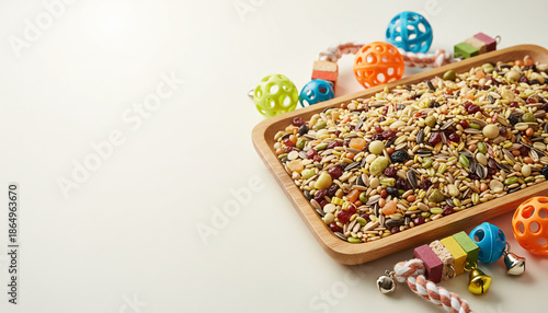 A tray of bird seed is on a table with a few toys. The tray is full of different types of seeds and nuts