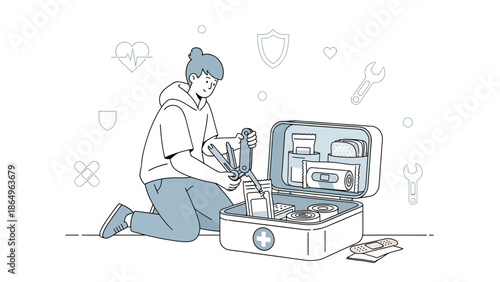 Preparation For Adventures Young Adult With First Aid Kit Cartoon Minimal Style