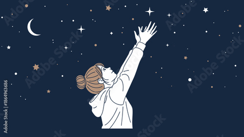 Reaching For The Stars Young Woman Dreaming Under A Starry Night Sky
