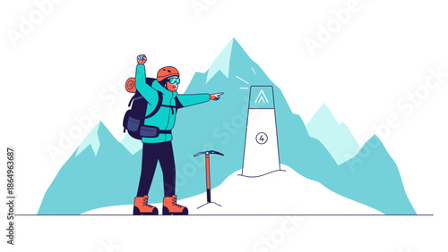 Reaching Mountain Summit: Cartoon Hiker Celebrating Peak Achievement And Adventure