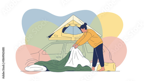 Preparation For Camping On The Roof Of A Car, Outdoor Adventure And Relaxation