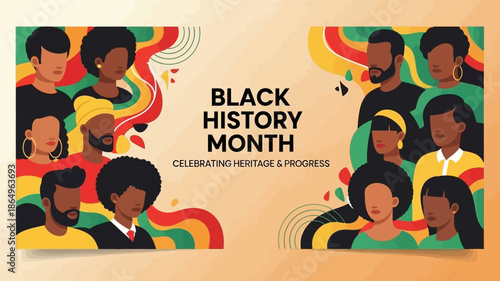Diversity group of people celebrating black history month heritage and progress in flat vector illustration featuring colorful wavy patterns and characters with different hairstyles