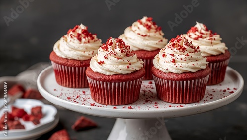 Red Velvet Cupcakes on a White Cake Stand With Red Sprinkles and Cream Toppin...