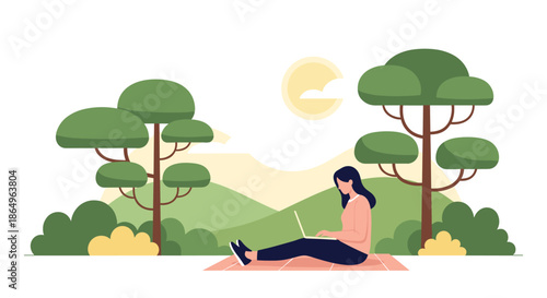 Woman working on her laptop while sitting on a blanket in a peaceful park, representing remote work, freelancing, and a digital nomad lifestyle.