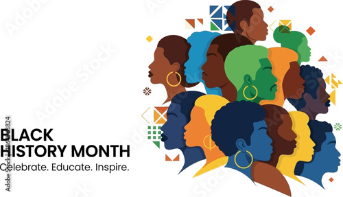 Black history month design featuring diverse african american community profiles with geometric shapes celebrating their rich history and achievements