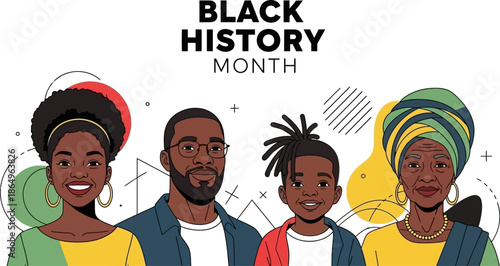 Black history month illustration of a multi generational african american family smiling together celebrating their cultural heritage and unity