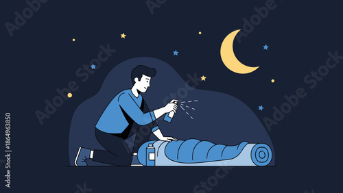 Preparing For A Night Adventure Spraying Insect Repellent On Sleeping Bag