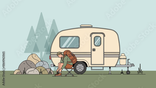 Preparing For Adventure A Traveler Prepares Near A Camper And Mountain Backdrop
