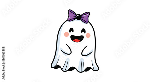 Adorable cartoon girl ghost with a happy face, rosy cheeks, and a purple bow, a cute and friendly character for Halloween celebrations.