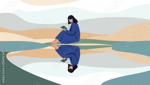 Reflective Reading Serenity Woman Enjoying A Novel By The Waters Edge