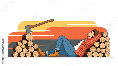 Relaxed Lumberjack Taking A Break On Logs After Hard Work Illustrated Scene