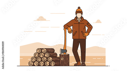Relaxed Lumberjack Leaning on Axe After Cutting Wood In Forest Landscape