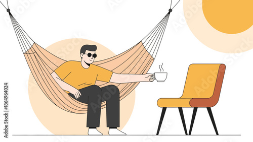 Relaxed Man Enjoying Coffee In Hammock Summer Day Cartoon Illustration
