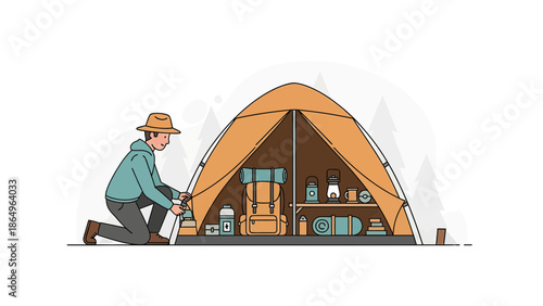 Preparing For Outdoor Adventure Young Man Setting Up Tent In Wilderness