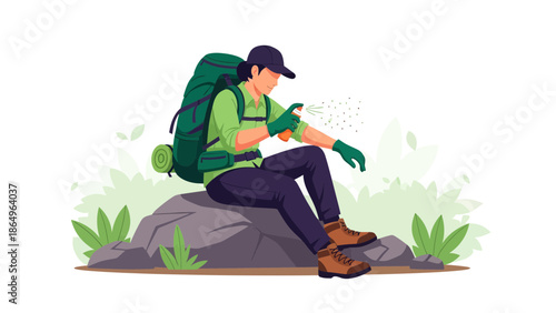 Preparing For Outdoor Adventures Hiker Applying Insect Repellent On Rock