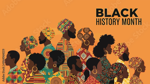 Collection of stylized african american men and women wearing colorful patterned traditional clothing in profile against bright orange background for heritage month