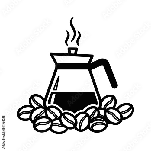 Minimalist black outline vector icon of a coffee pot with beans, symbolizing brewing and coffee preparation, isolated on a transparent background