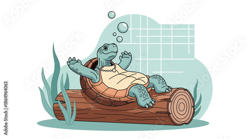Relaxed Turtle Lounging on a Log Cartoon Aquatic Underwater Life