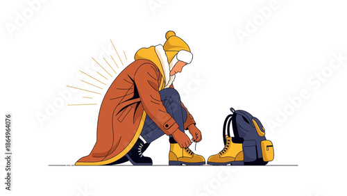Preparing For The Cold Season Tying Shoelaces On Boots Next To The Backpack
