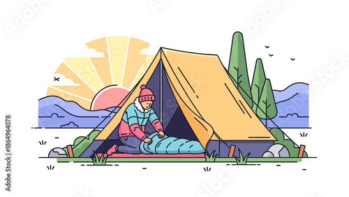 Preparing For Sleep Illustration Of A Camper Rolling Up Sleeping Bag In Tent