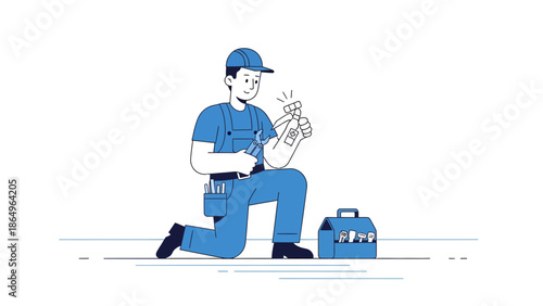 Professional Electrician Worker Repairing Wires With Tools And Toolbox Illustration