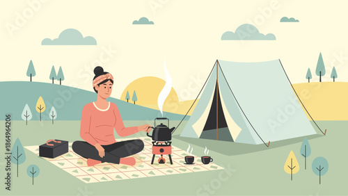 Relaxing Campground Scene Of A Woman Enjoying Nature And Fresh Brewed Tea