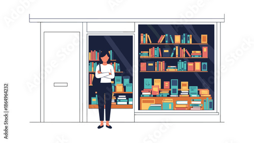 Young woman standing with arms crossed outside a charming small bookstore, showcasing a diverse collection of colorful books in the window.