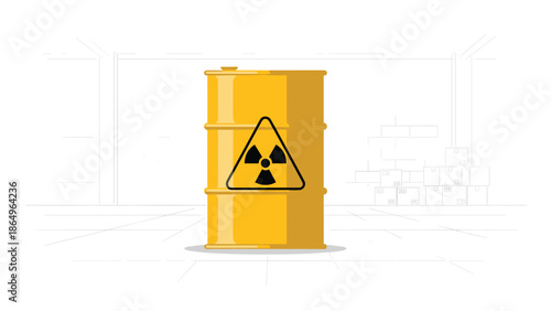 Bright yellow barrel featuring a prominent black radiation warning symbol, positioned within a subtly outlined industrial warehouse environment.