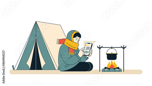 Relaxing Camping Experience Woman Using Smartphone Near Bonfire and Tent