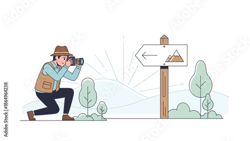 Professional Photographer Capturing Mountain Scenery With Directional Signpost Near Trees
