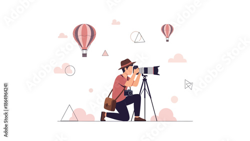 Professional Photographer Capturing Scenic View With Hot Air Balloons And Geometric Figures