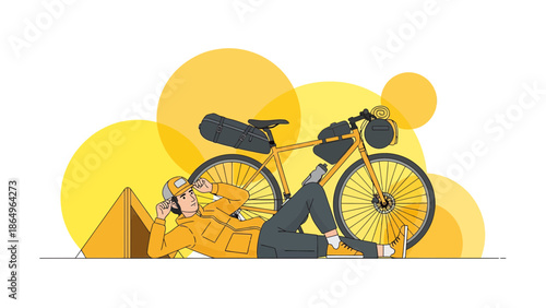 Relaxing Cyclist Near Tent After Bike Tour With Backpack and Camping Gear