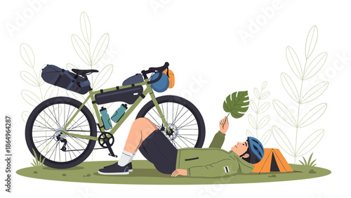 Relaxing Cyclist Resting After Long Trip With Bike And Tent In Nature