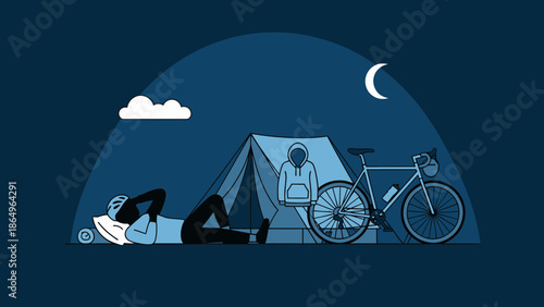 Relaxing Cyclist Under Moon After Riding Near Tent And Bicycle At Night