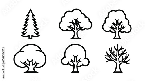 Simple black and white line art illustration of various tree shapes