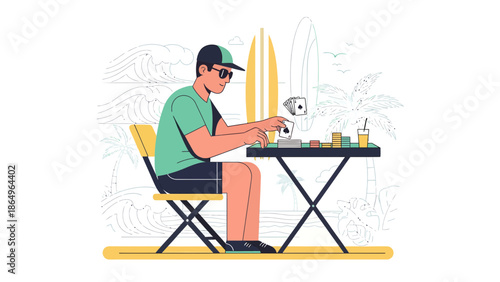 Relaxing Game Of Cards On Vacation With Beach Background And Surfboards