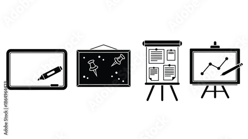 Presentation tools including a whiteboard chalkboard and display boards shown in black