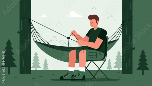 Relaxing Getaway Man Setting Up Hammock Between Trees For Outdoor Adventure