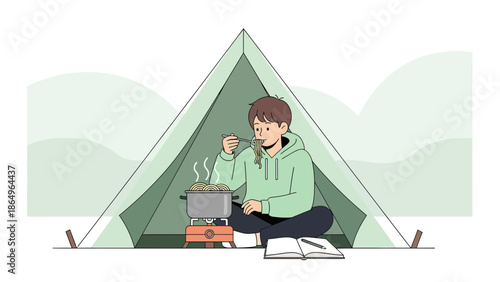 Relaxing Getaway Young Camper Enjoying Noodles Inside Tent During Camping Trip