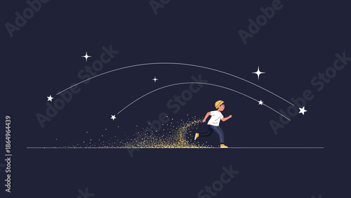 Pursuit Of Dreams Boy Running Under Starry Trails Illustration With Sparkling Dust