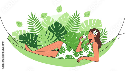 Relaxing Hammock Retreat With Tropical Foliage And Refreshing Drink In Paradise