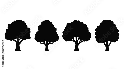 A simple illustration of four black silhouette trees in a row